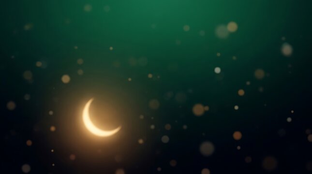 Crescent moon shines brightly against a dark green atmospheric background filled with glowing bokeh particles and soft light dots.