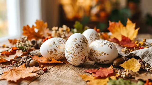 White decorative eggs with golden floral patterns on rustic wooden table