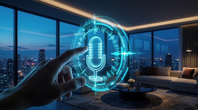 Hand touches futuristic holographic microphone icon. Digital voice command and speech recognition interface for AI powered apps. Modern tech interaction in smart home.