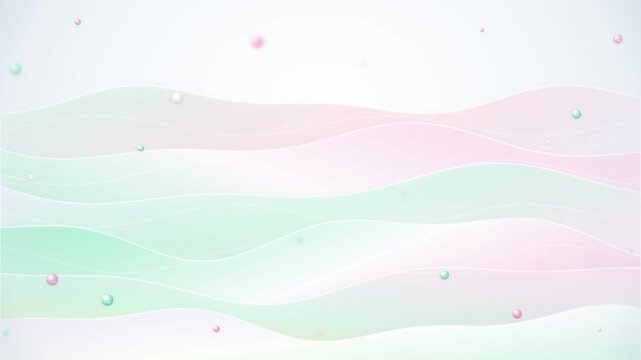 Soft pastel pink and mint green abstract waves gently undulate across a serene, ethereal background, with subtle translucent spheres slowly floating upwards, creating a peaceful, dreamlike, and ele...