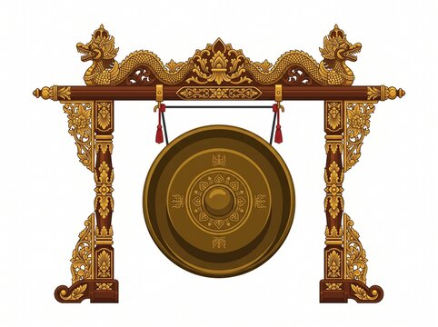 Traditional Indonesian Gamelan Gong Instrument with Ornate Wooden Carvings Isolated on White Background