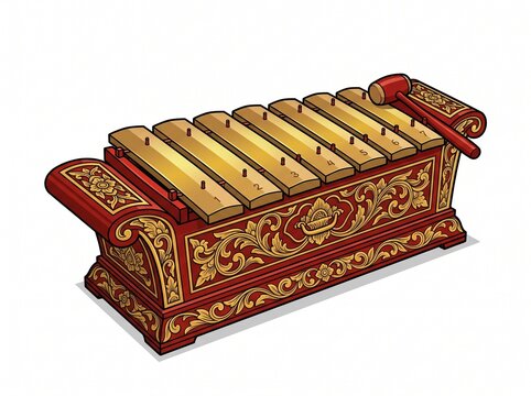 Detailed Illustration of a Traditional Indonesian Saron Musical Instrument Featuring Intricate Gold Floral Carvings on a Red Wooden Frame