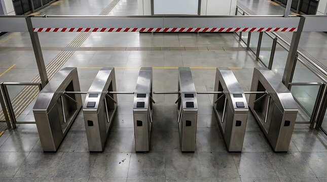 Subway Turnstiles in Modern Transit Station, Top-Down View of Metal Barriers