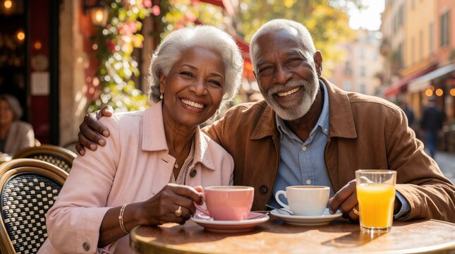 Happy senior black couple sits at outdoor cafe table. Smiling elderly man puts arm around woman shoulder. Enjoy breakfast with coffee, orange juice in sunny city. Retired lovers share meal during
