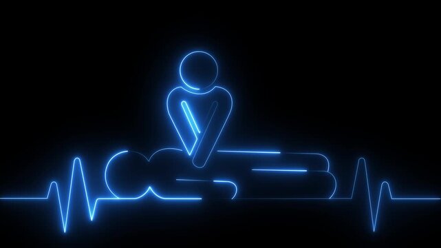 glowing neon heartbeat icon animation. CPR chest compressions showing medical resuscitation technique for training, safety, and emergency education. CPR chest compressions heartbeat animation