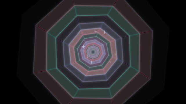 Hypnotic digital tunnel with pulsing neon octagonal frames and twinkling particles. Abstract futuristic motion graphics create an immersive POV journey through an endless technological portal in a...