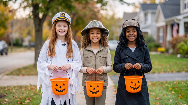 Three girls in sailor, safari adventurer and detective costumes carrying pumpkin buckets while trick or treating in an autumn suburban neighborhood