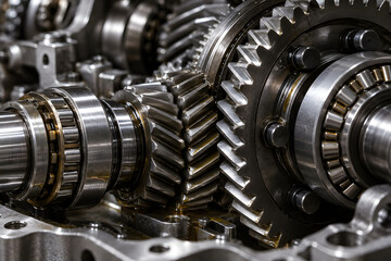 Fototapeta premium Close-up macro shot of precision mechanical gears and engine components with shallow depth of field