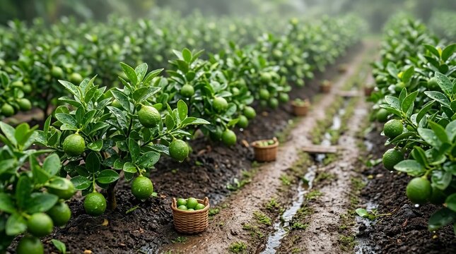 Miniature lime citrus orchard rows with wet dirt path and tiny harvest baskets  
