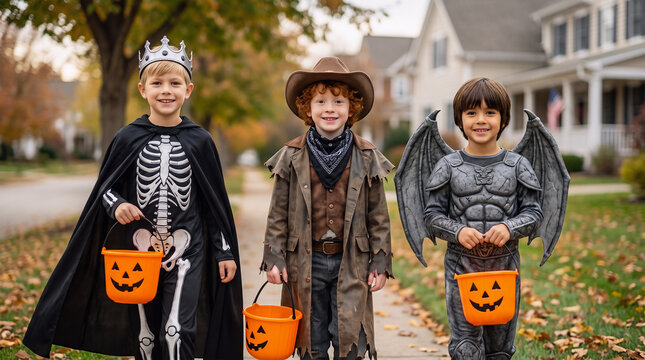 Three boys in king, cowboy and gargoyle costumes carrying pumpkin buckets while trick or treating in an autumn suburban neighborhood