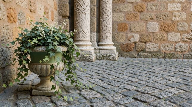 Green ivy spills from ornate stone pot onto cobblestone path beside ancient stone wall. Decorative urn with climbing plant adds lushness near historic architecture with copy space.