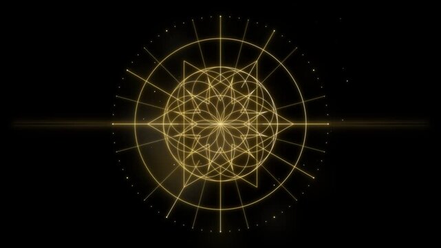 Golden glowing sacred geometry mandala with intricate lines rotates slowly on a dark cosmic background, surrounded by subtle sparkling particles and a horizontal light flare, creating a mystical, s...
