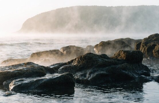 Misty sea coast with dark rocks and a foggy headland in soft morning light