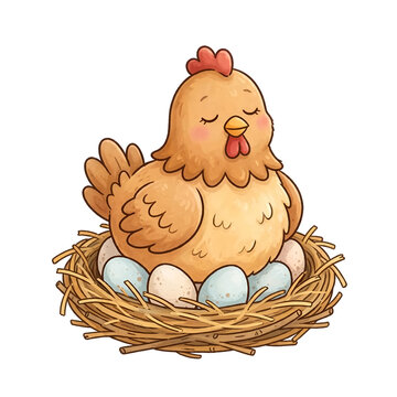 Cute hen sitting on eggs in nest vector illustration, Adorable cartoon mother chicken hatching easter eggs isolated on white background, Cozy farm animal graphic element for kids storybook