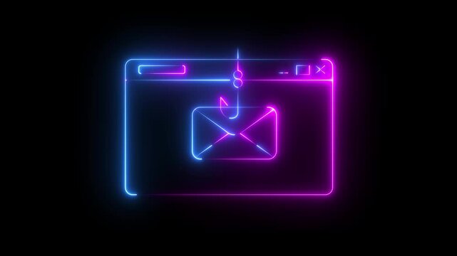 glowing neon Email Phishing Scam Icon Isolated on Black Background. Fishing hook stealing envelope from browser window. Concept of email phishing and email scams animation 4k video