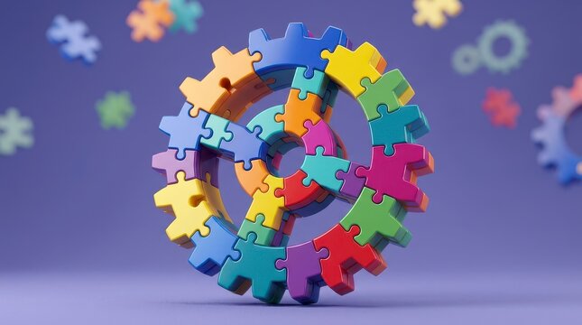 Colorful Puzzle Pieces Forming a Gear Shape on a Purple Background Representing Creativity and Problem Solving