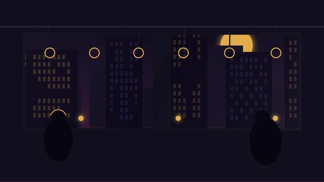 Flat design vector animation of passengers inside a train or subway at night, looking out at the moving city skyline with skyscrapers and a full moon