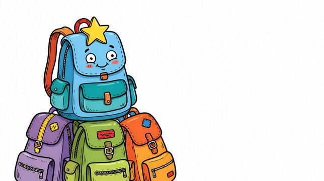 Stacked cartoon backpacks with smiling face and star topper
