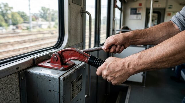 Hands Operating Emergency Brake Mechanism on Train Interior During Commute for Safety and Crisis Response