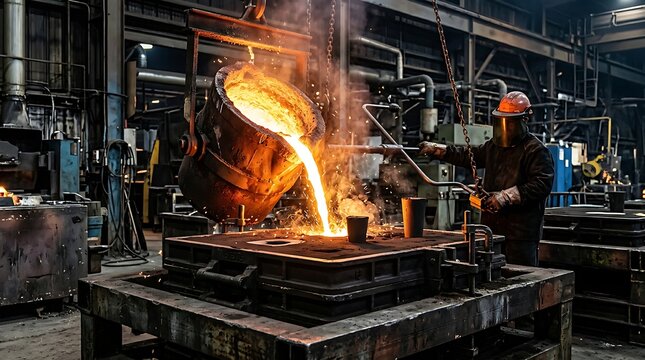 Industrial foundry worker pouring molten metal into a mold in a heavy manufacturing plant