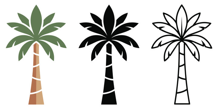 Three stylized palm trees one colored with brown trunk and green leaves one black silhouette one outline tropical illustration silhouette stylized