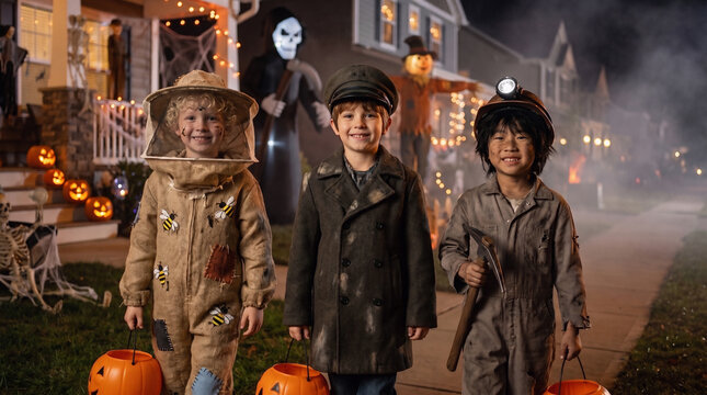 Three boys in beekeeper, train conductor and miner costumes carrying pumpkin buckets while trick or treating outside a spooky Halloween house at night