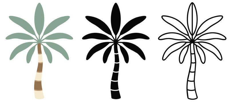 Three stylized palm trees one with a light brown trunk and bluish-green leaves one black silhouette one outline tropical illustration silhouette