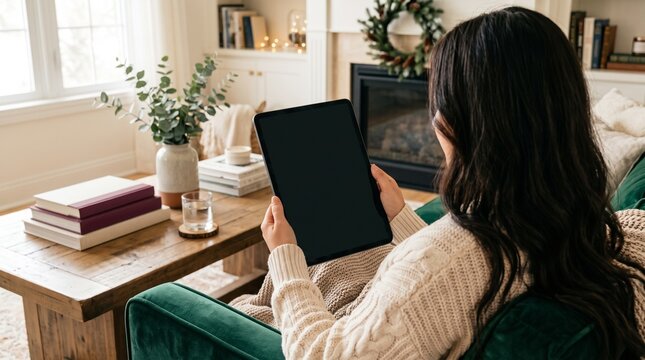 Woman holding a tablet computer in a cozy living room with fireplace and Christmas decor