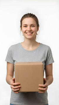 Young woman holding cardboard box