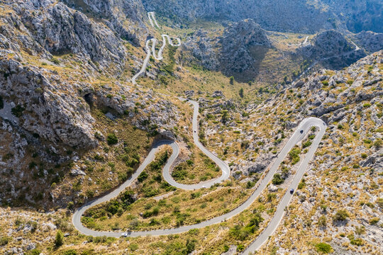 Winding mountain road with sharp curves in Sa Calobra, Mallorca