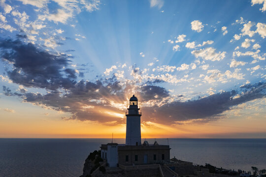 Lighthouse at cap de formentor at sunrise over the sea in Mallorca