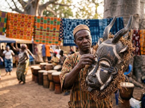Traditional African cultural festival with masked dancer and goat head headdress