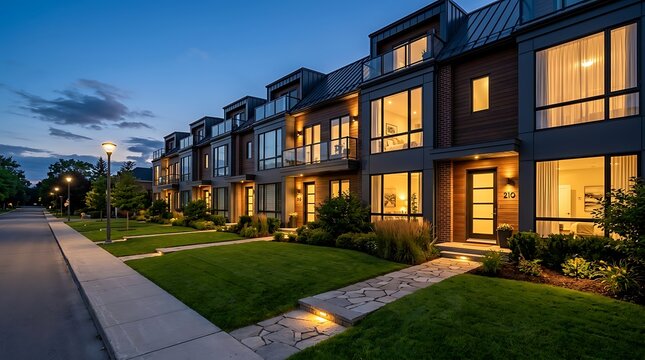 A row of modern townhouses with illuminated windows and landscaped gardens at twilight in suburbia with townhouses glowing interior