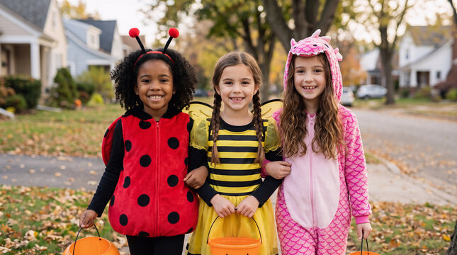 Three girls in ladybug, bee and butterfly costumes carrying pumpkin buckets while trick or treating in an autumn suburban neighborhood