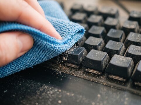 Cleaning a dirty computer keyboard with a microfiber cloth