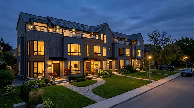 Modern townhouse row with illuminated windows and landscaped front yards at dusk in a suburb with townhouse complex glowing