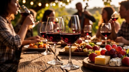 Obraz premium People enjoy red wine at outdoor vineyard festival with live jazz music. Friends share gourmet food cheese fruit on rustic wood table. Relaxed luxury lifestyle.