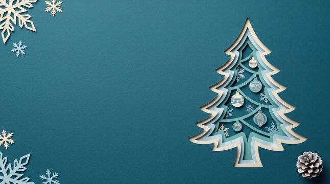 Layered paper Christmas tree with ornaments and snowflakes against teal background