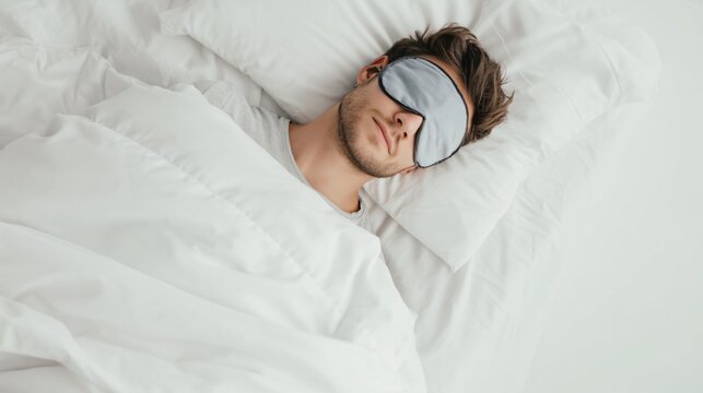 man sleeping with eye mask in a cozy bed