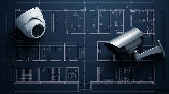 CCTV security cameras mounted over a blueprint architectural floor plan 3d render