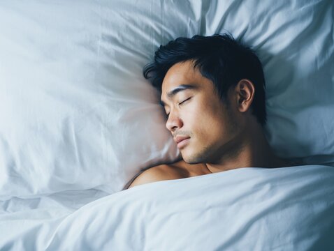 peaceful man sleeping in a cozy white bed