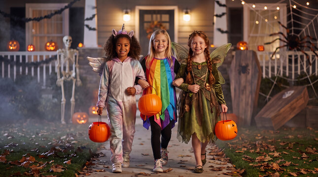Three girls in unicorn, rainbow and woodland elf costumes carrying pumpkin buckets while trick or treating in an autumn suburban neighborhood