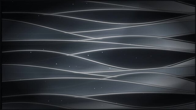 Seamlessly looping abstract background with elegant dark grey and silver undulating waves, flowing horizontally across the frame, adorned with subtle sparkling particles, creating a modern, tranqui...