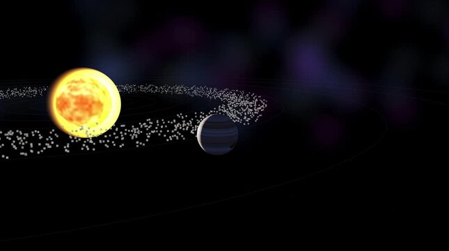 3D animation of a solar system featuring a glowing sun and a planet orbiting through a dense asteroid belt in deep space