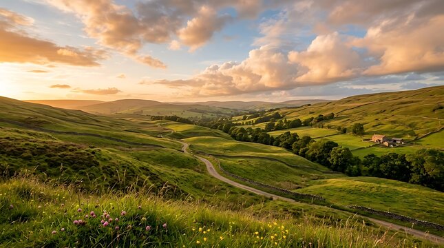 Winding road through rolling green hills in a rural landscape during a golden sunset hour with country road curves