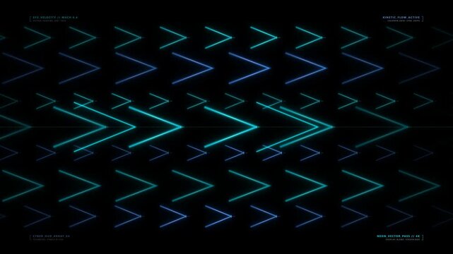Abstract futuristic background with glowing neon chevron arrows moving rightward in a seamless loop, creating a dynamic visual rhythm of data flow and digital energy on a dark screen, perfect for t...