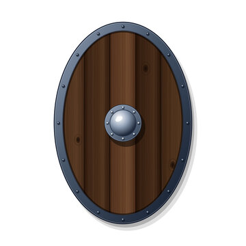 Viking oval wooden shield with iron rim and central metal boss vector