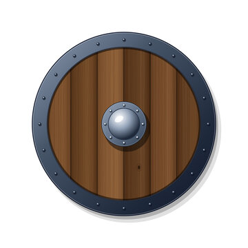 Viking oak wood round shield with iron rim and large boss vector