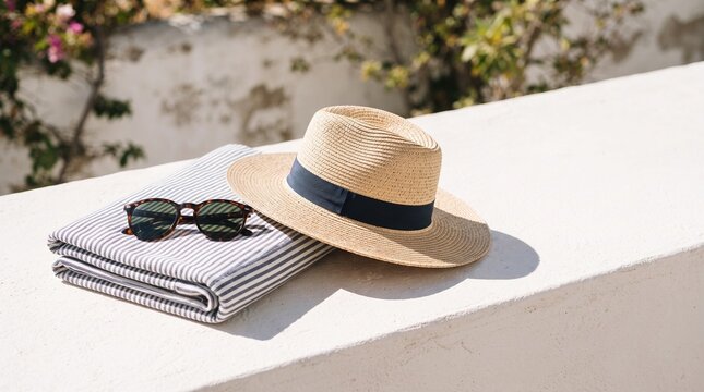 Straw hat and sunglasses on striped towel outdoors in sunlight