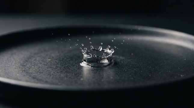 Water droplet falling onto the dark surface creates a crown-shaped splash with tiny flying liquid beads captured.